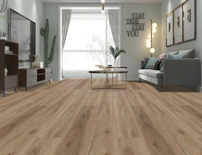 Ambiente de salón con panel spc cedar