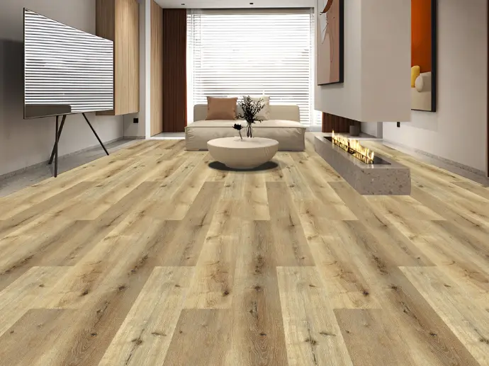 Ambiente salón con suelo spc iroko