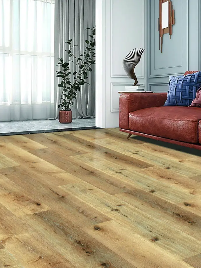 Ambiente salón con suelo spc iroko