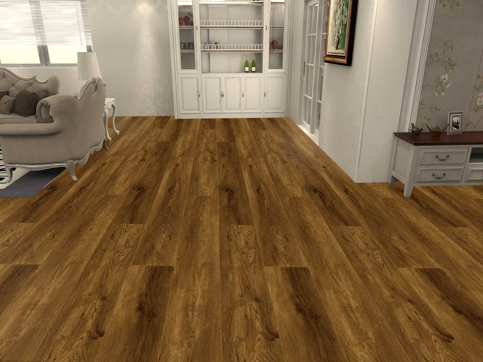 Ambiente salón con suelo spc oak