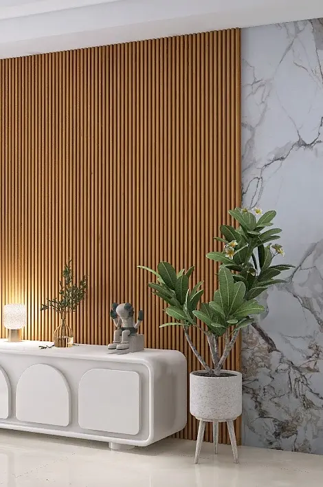 ambiente salón con panel wpc oak