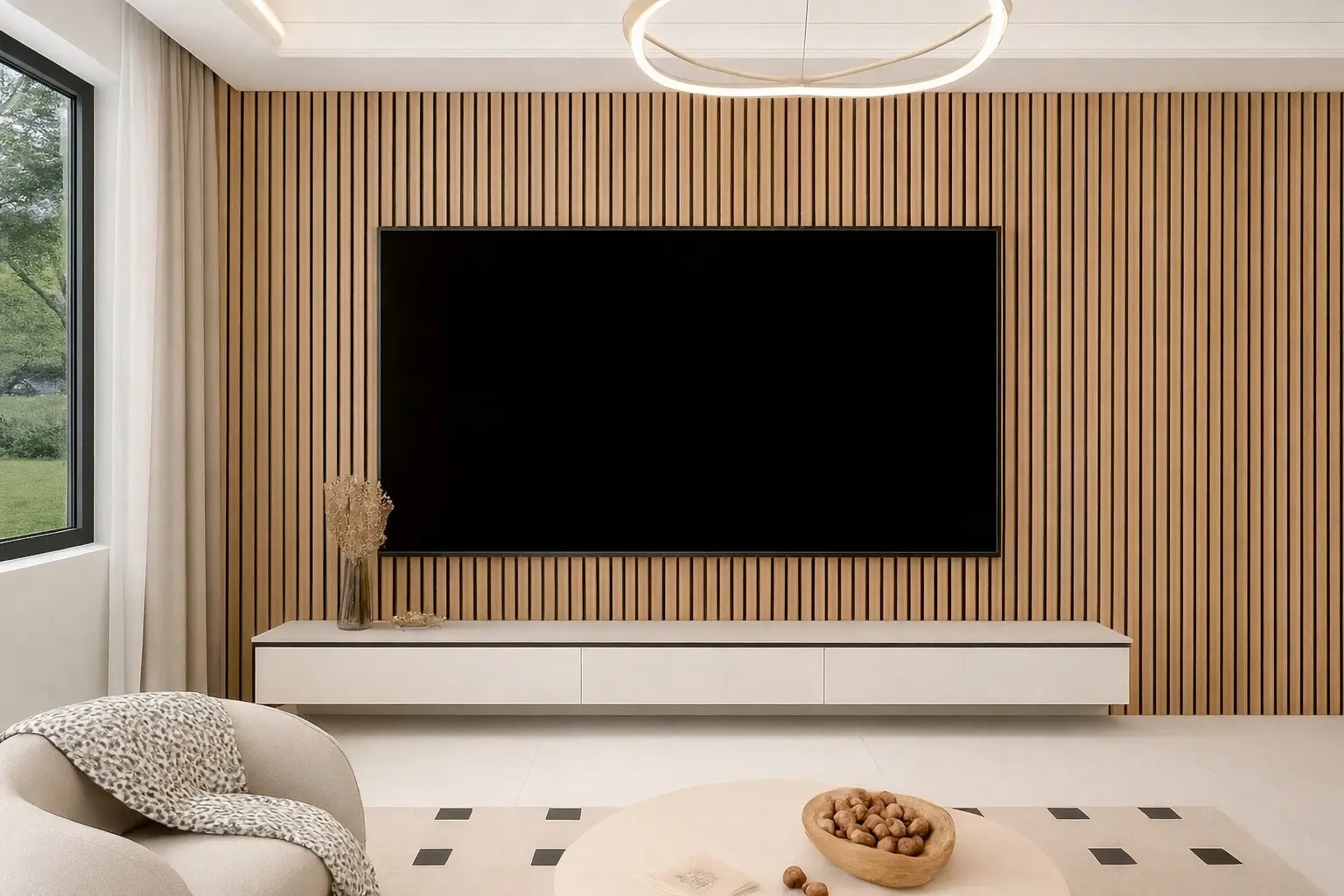 ambiente salón con panel wpc acustic