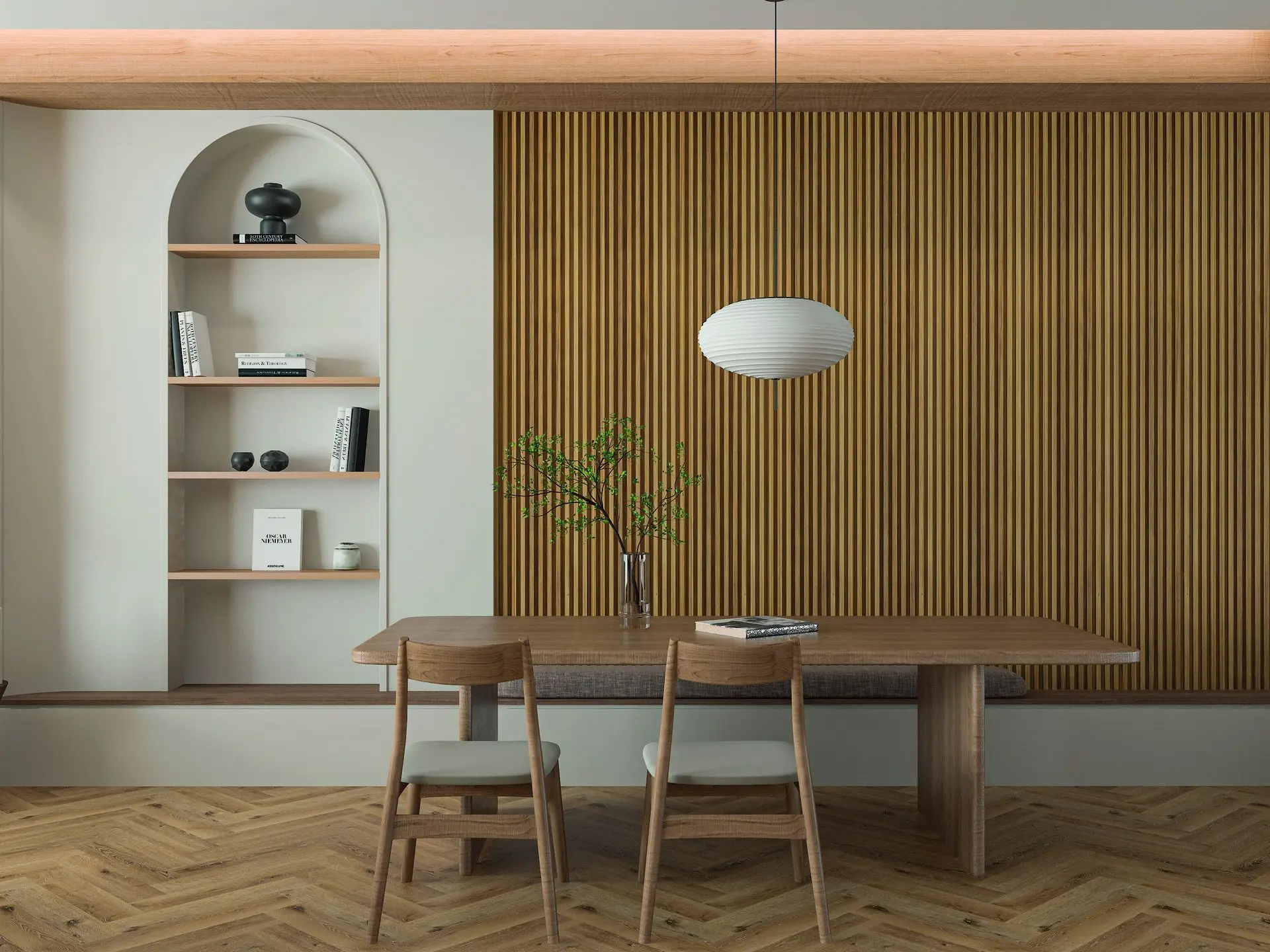 ambiente salón con panel wpc oak